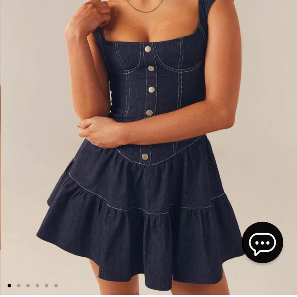 Denim dress, Button embellished, Fitted bustier, Tiered skirt, Non- stretch